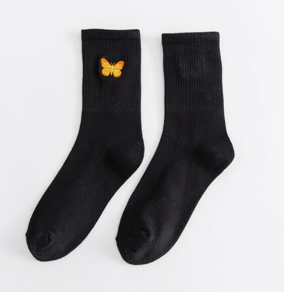 Hot style simple embroidered high socks for women, solid color personalized stockings [black yellow butterfly] [one size fits all]