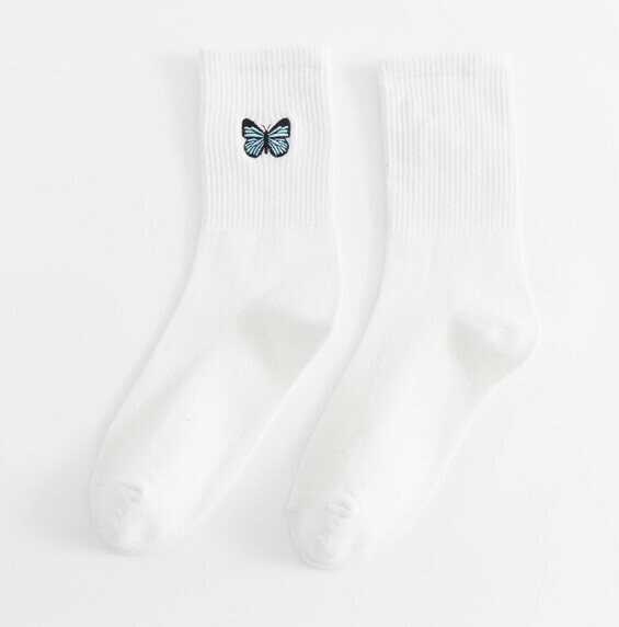 Hot style simple embroidered high socks for women, solid color personalized stockings [white blue butterfly] [one size fits all]