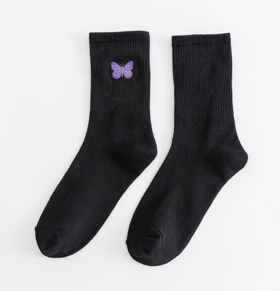 Hot style simple embroidered high socks for women, solid color personalized stockings [black purple butterfly] [one size fits all]