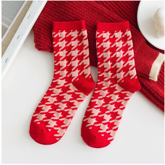 Popular Autumn and Winter Zodiac Year Trendy Women's Mid-calf Socks Cotton Socks [Red Houndstooth] [One Size Fits All]