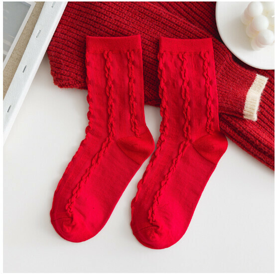 Popular Autumn and Winter Zodiac Year Trendy Women's Mid-calf Socks Cotton Socks [Red Twist] [One Size Fits All]