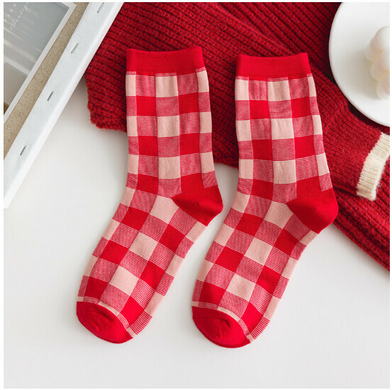 Popular Autumn and Winter Zodiac Year Trendy Women's Mid-calf Socks Cotton Socks [Red Plaid] [One Size Fits All]