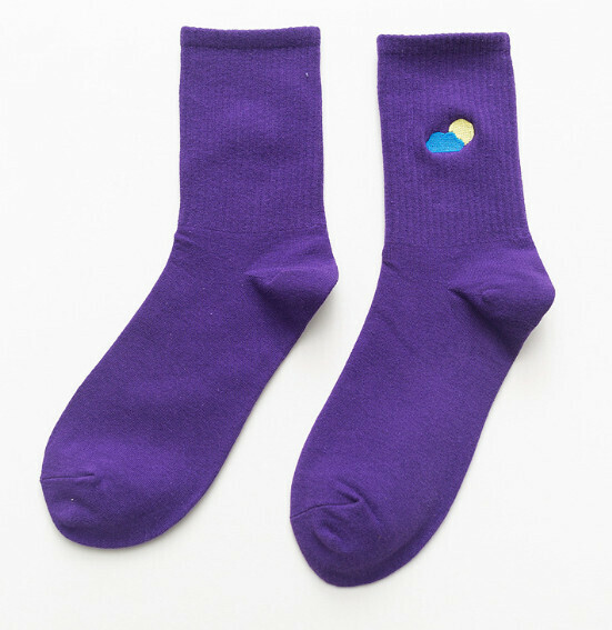 Popular simple women's embroidered stockings, trendy cotton socks, student sports socks [purple] [one size fits all]