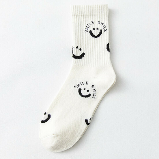Popular women's mid-length socks for all seasons, Zhuji socks, cotton socks [white all over with smile] [one size fits all]
