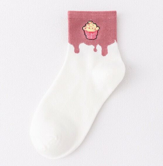 Popular college-style women's all-season cotton socks, cute mid-calf socks [cup cake (rose red socks)] [one size fits all]