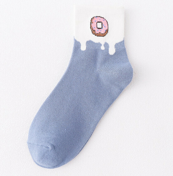 Popular college-style women's all-season cotton socks, cute mid-calf socks [Donut (blue)] [One size fits all]