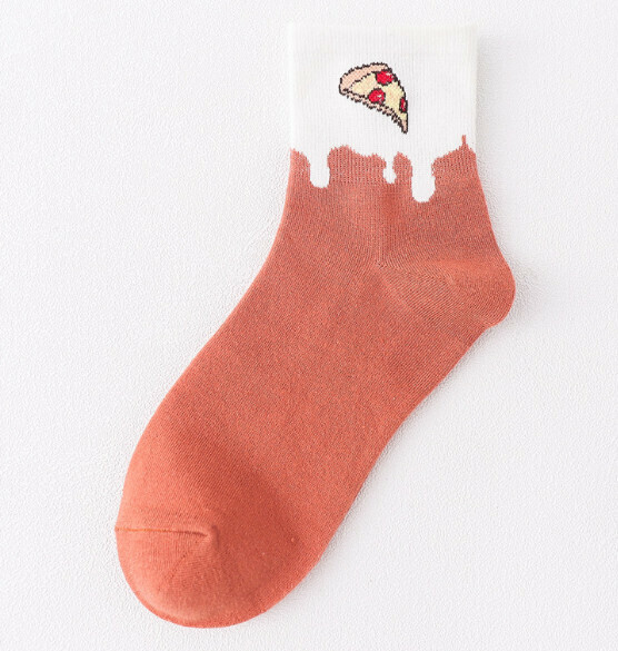 Popular college-style women's all-season cotton socks, cute mid-calf socks [Pizza (brick red)] [One size fits all]