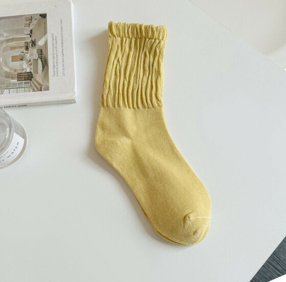 Popular macaron color women's pleated pile socks stockings [yellow] [one size fits all]