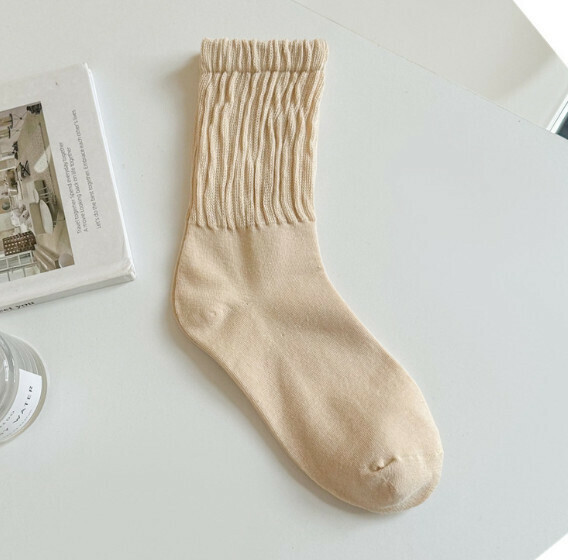 Popular Macaron Color Women’s Pleated Pile Socks Stockings [Beige] [One Size Fits All]