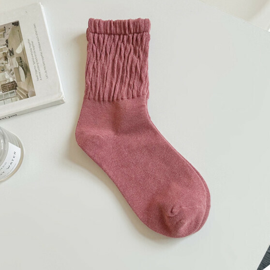 Popular macaron color women’s pleated pile socks stockings [leather pink] [one size fits all]