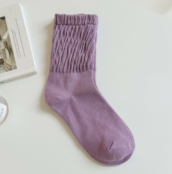 Popular macaron color women's pleated pile socks stockings [purple] [one size fits all]