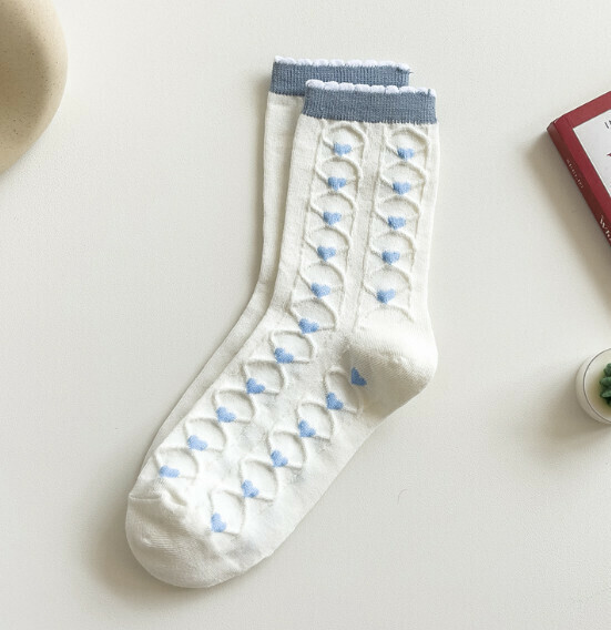 Popular trendy three-dimensional women's cotton socks, jacquard floral all-season long socks, bubble lace socks [light blue] [one size fits all]
