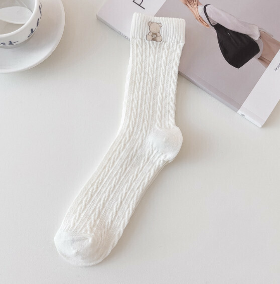 Hot style versatile embroidered mid-high cotton socks for girls [Little Bear] [One size fits all]