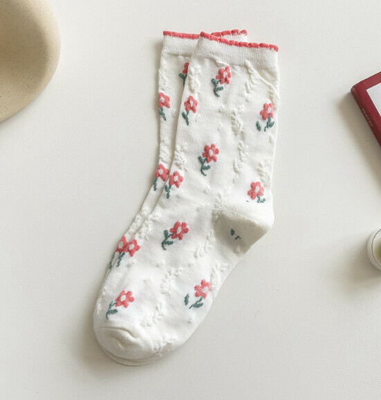 Popular trendy three-dimensional women's cotton socks, jacquard floral all-season long socks, bubble lace socks [red] [one size fits all]