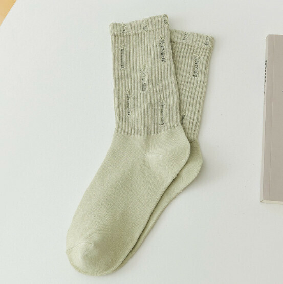 Hot style beggar's hole-in-hole socks for women, mid-length cotton socks [bean green] [one size fits all]