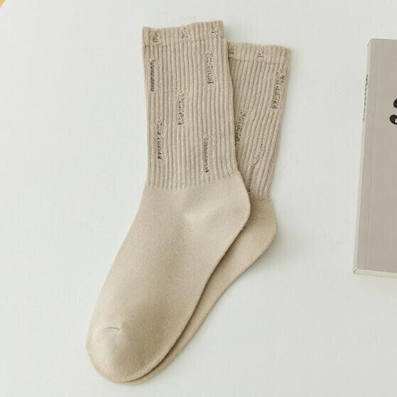 Popular style beggar's hole-pile socks for women, mid-length cotton socks [beige] [one size fits all]