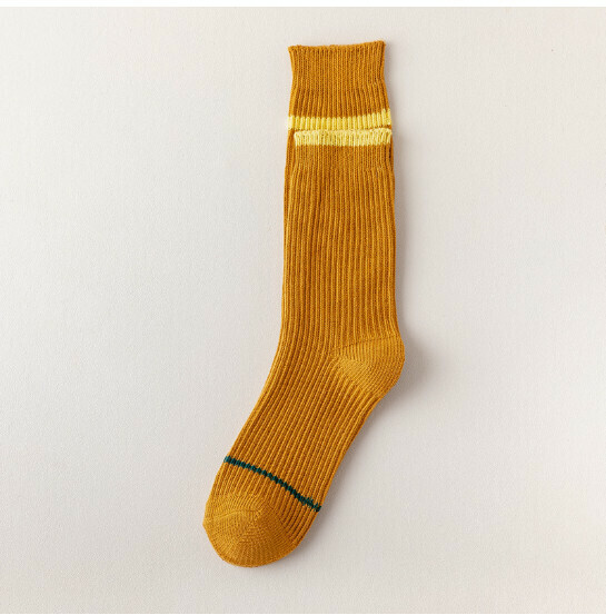 Popular couple style mid-high socks double needle thick striped cotton socks [turmeric] [one size fits all]