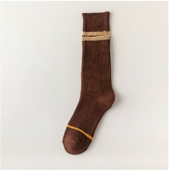 Popular Couple Style Mid-High Socks Double Needle Thick Thread Striped Cotton Socks [Coffee] [One Size Fits All]