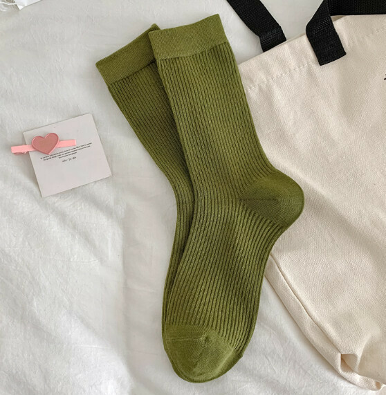 Hot style versatile long double-needle women's stockings, four-season cotton socks, pile socks [military green] [one size fits all]