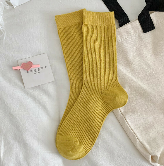 Hot style versatile long double-needle women's stockings, four-season cotton socks, pile socks [turmeric] [one size fits all]