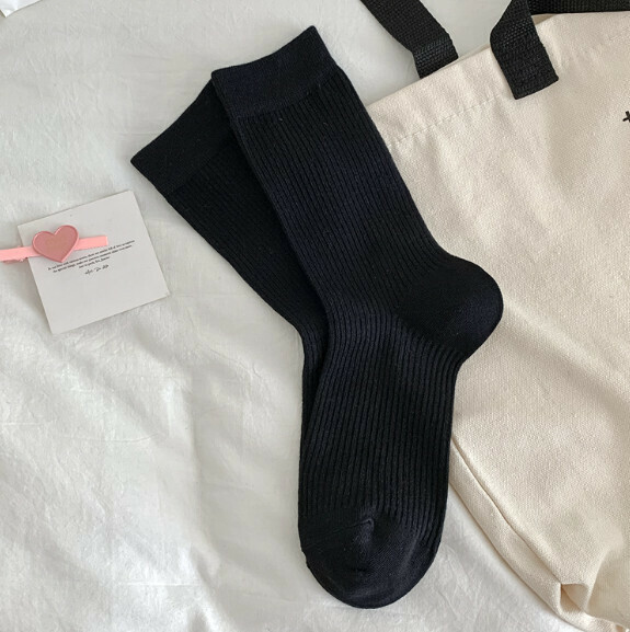 Hot style versatile long double-needle women's stockings, four-season cotton socks, pile socks [black] [one size fits all]