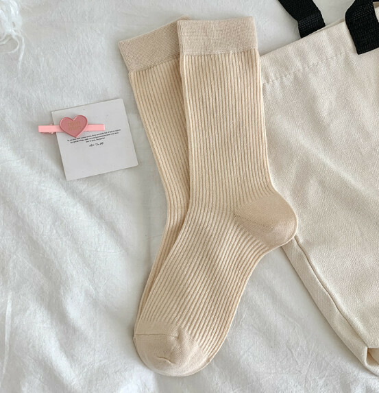 Hot style versatile long double-needle women's stockings, four-season cotton socks, pile socks [beige] [one size fits all]