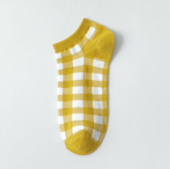 Popular low-top shallow mouth cotton socks, women's boat socks [yellow plaid] [one size fits all]