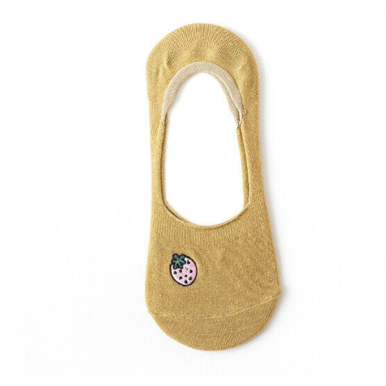 Hot style simple fruit embroidery invisible shallow boat socks cotton socks [khaki] [one size fits all]