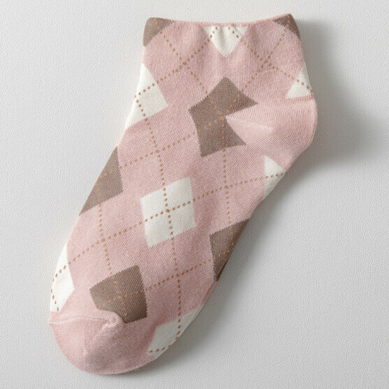 New simple retro plaid shallow boat socks, women's short cotton socks [pink] [one size fits all]