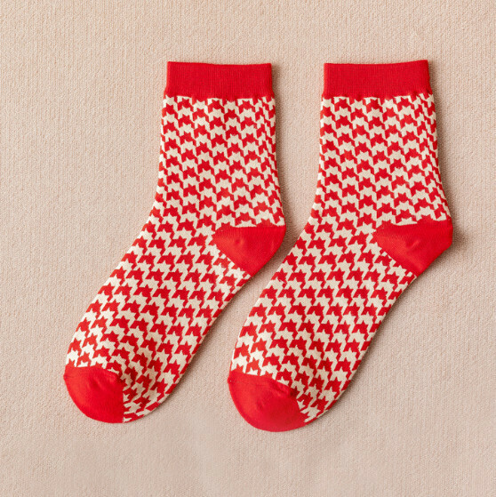 New style red socks for wedding couples, men and women, mid-calf cotton socks [houndstooth] [one size fits all]