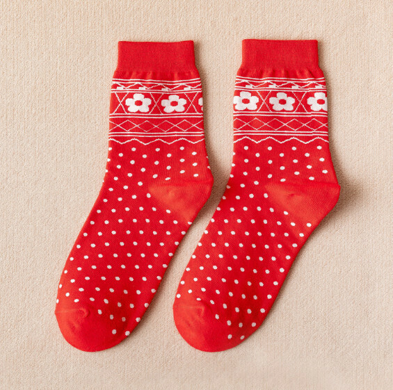 New style red socks for wedding couples, men and women, mid-calf cotton socks [flower dots] [one size fits all]