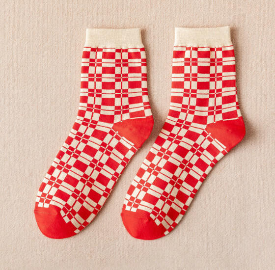 New style red socks for wedding couples, men and women, mid-calf cotton socks [square grid] [one size fits all]