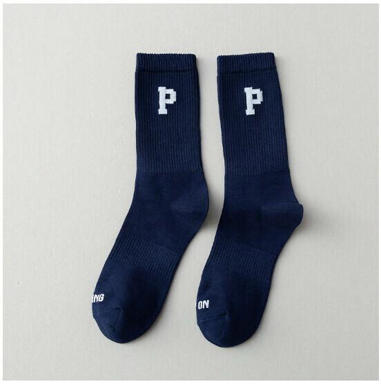 New men's and women's mid-length trendy socks, basketball socks, letter cotton socks [Navy Blue] [One size fits all]
