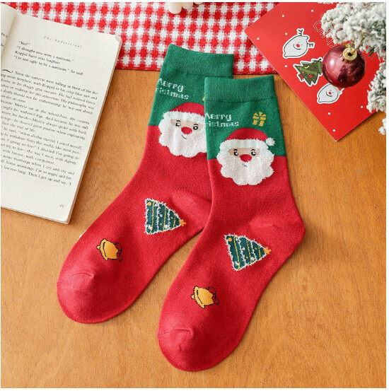 New Cartoon Christmas Medium Stockings Men's and Women's Cotton Socks [Green and Red Santa Claus] [One Size Fits All]