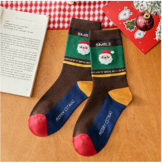 New Cartoon Christmas Mid-calf Stockings Men's and Women's Cotton Socks [Brown] [One Size]