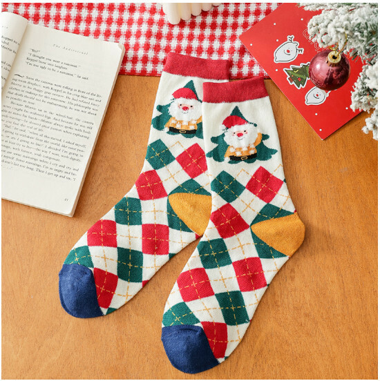 New Cartoon Christmas Mid-calf Stockings Men's and Women's Cotton Socks [Diamond Check] [One Size Fits All]
