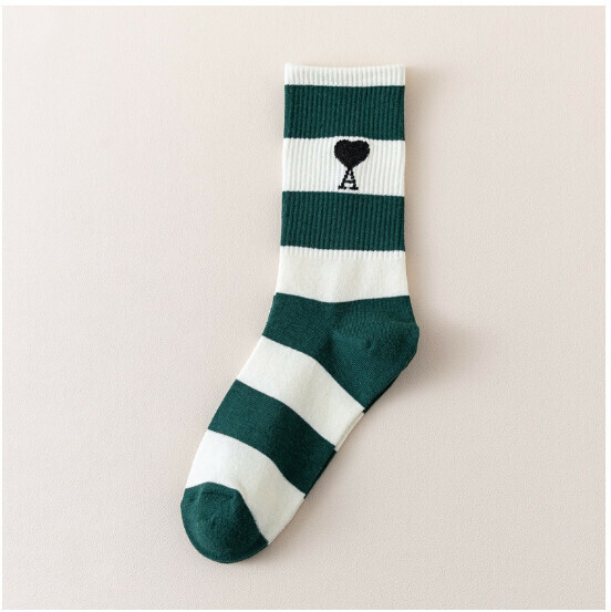 New horizontal striped love letters men's and women's mid-calf stockings cotton socks [dark dark green] [one size fits all]