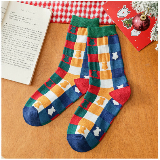 New Cartoon Christmas Medium Stockings Men's and Women's Cotton Socks [Checkerboard] [One Size Fits All]