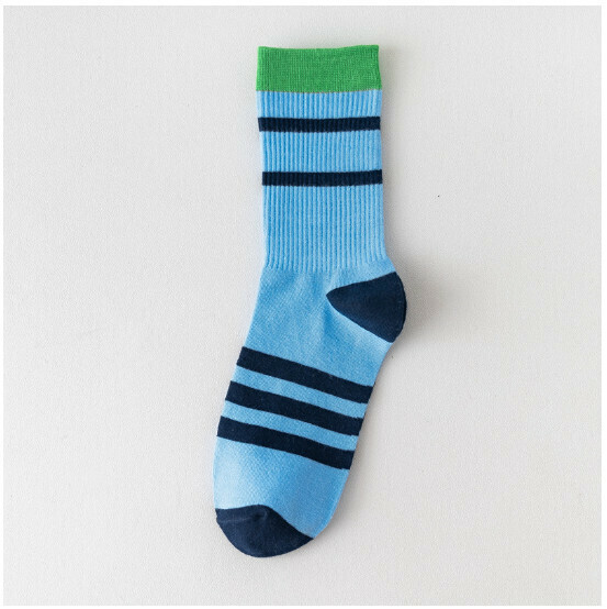 New style striped cotton socks for men and women, mid-high socks [blue] [one size fits all]