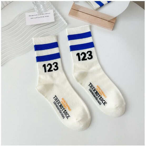 New men's and women's same style digital sports parallel bars striped mid-calf socks, college style cotton socks [white blue stripes] [one size fits all]