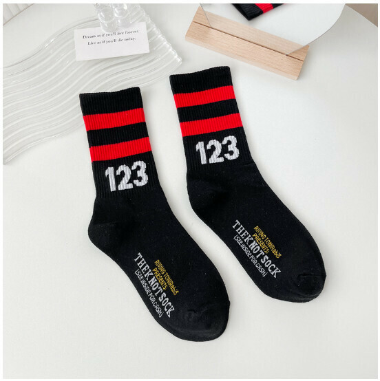 New men's and women's same style digital sports parallel bars striped mid-calf socks, college style cotton socks [black with red stripes] [one size fits all]