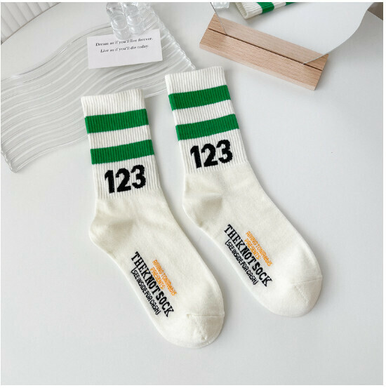 New men's and women's same style digital sports parallel bars striped mid-calf socks, college style cotton socks [white green stripes] [one size fits all]