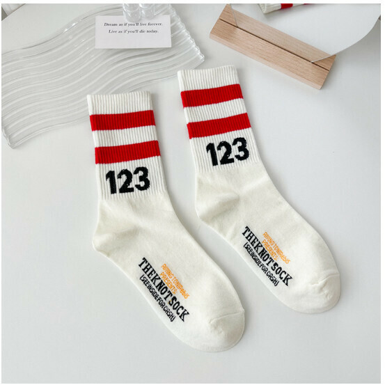 New men's and women's same style digital sports parallel bars striped mid-calf socks, college style cotton socks [white with red stripes] [one size fits all]
