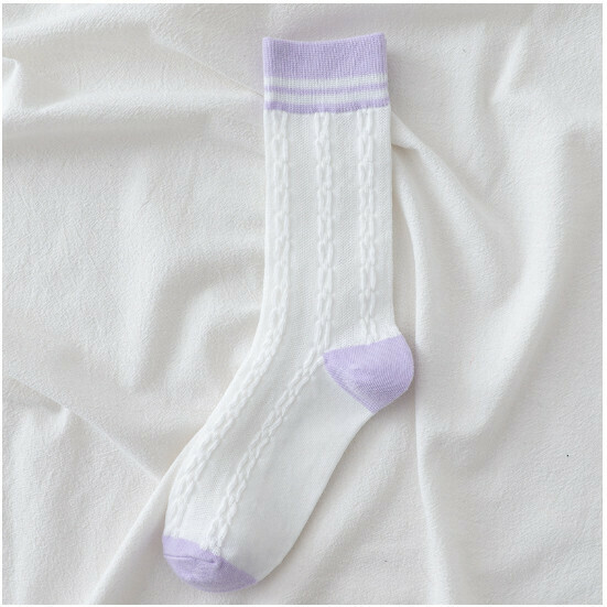 New Trendy College Style Cotton Socks Women's Medium Stockings [White and Purple Twist] [One Size Fits All]