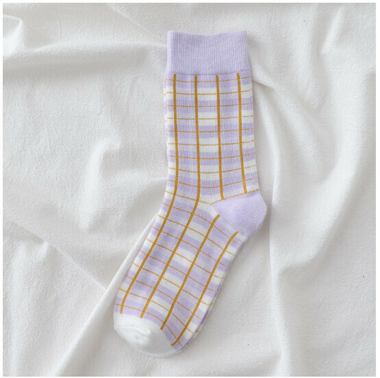 New Trendy College Style Cotton Socks Women's Medium Stockings [Purple Plaid] [One Size Fits All]