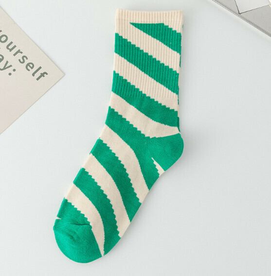 New Four Seasons Diagonal Wide Stripe Color Matching Mid-calf Women's Socks Trendy Cotton Socks [Green] [One Size Fits All]