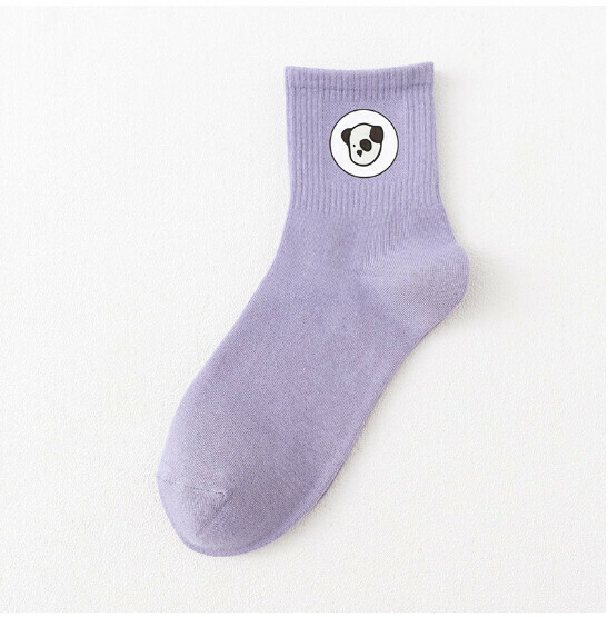 New College Style Cartoon Cute Animal Women's Medium Long Cotton Socks [Purple] [One Size Fits All]