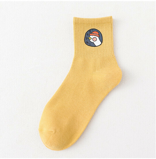 New college style cartoon cute animal women's mid-length cotton socks [yellow] [one size fits all]