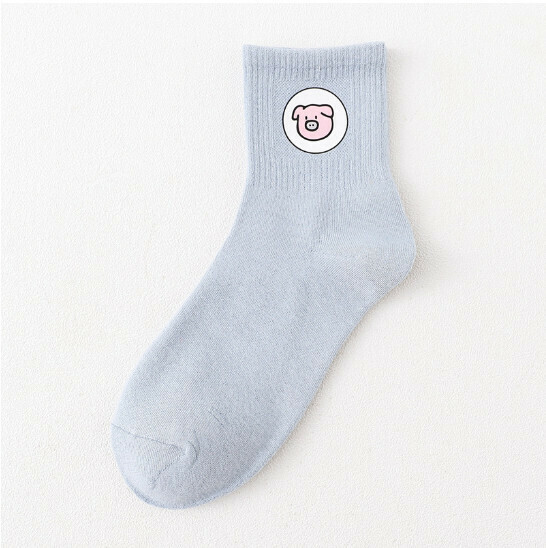 New College Style Cartoon Cute Animal Women's Mid-Length Cotton Socks [Light Blue] [One Size Fits All]