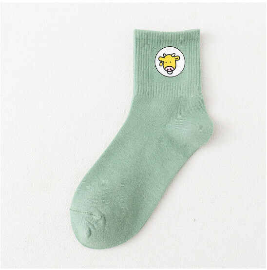 New College Style Cartoon Cute Animal Women's Medium Long Cotton Socks [Light Green] [One Size Fits All]